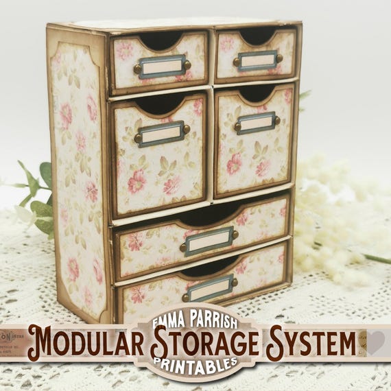 Modular Storage System, Printable, Papercraft, Craft Storage Drawers, Shabby Vintage Rose, Cricut, Junk Journal, Video Tutorial, Download