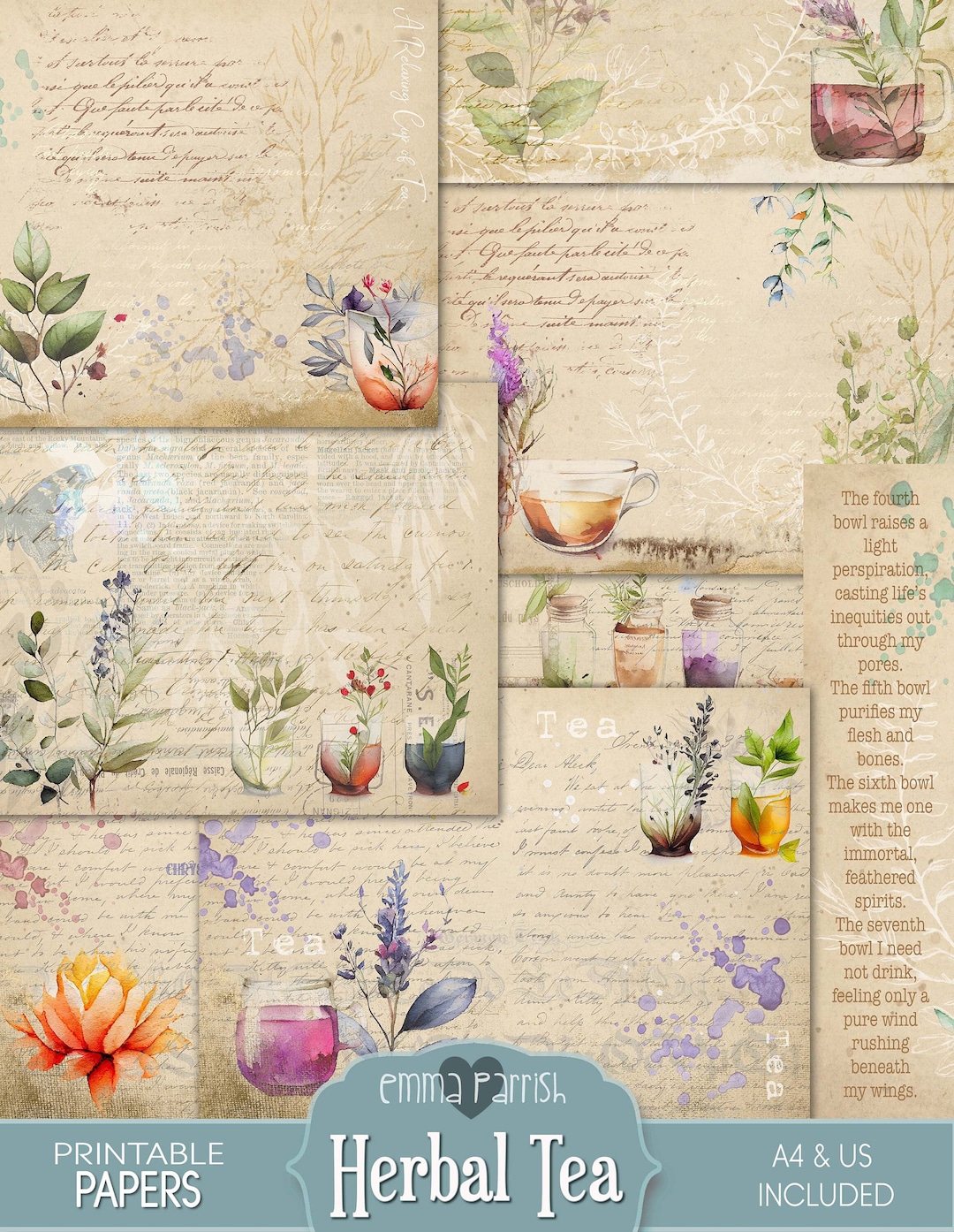 Herbal Tea Journal Pages, Printable Papers, Herbs, Mindful, Health