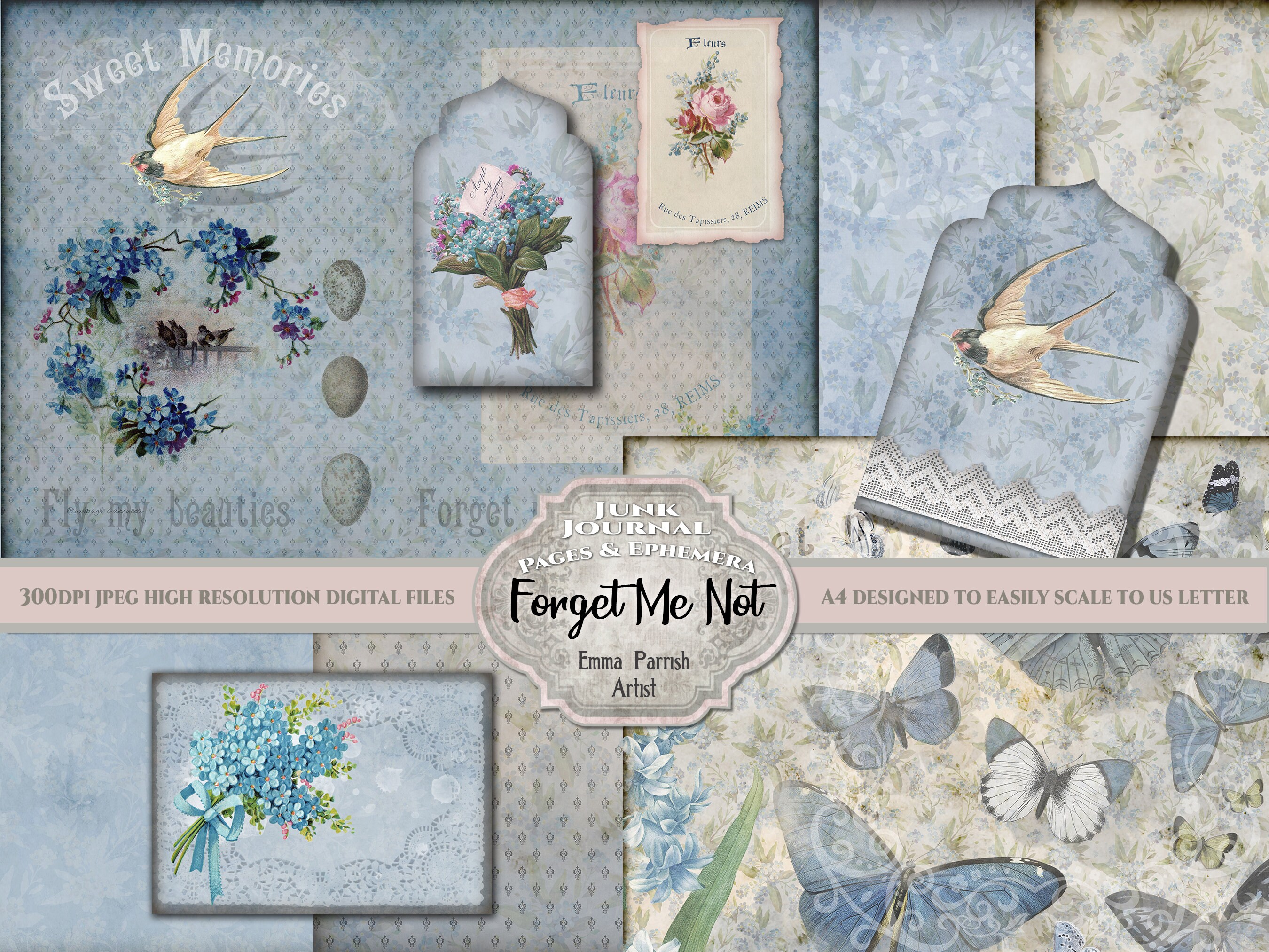 Junk Journal Digital Printable Paper Kit Forget Me Not Blue | Etsy UK