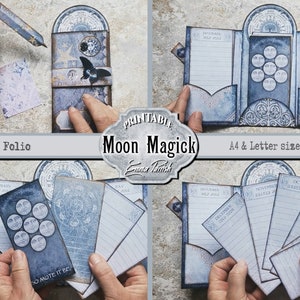 Folio imprimible de luna vintage, kit adicional de diario basura de magia lunar, brujas paganas, libro de trabajo de brujería, papel imprimible, folio tríptico de luna