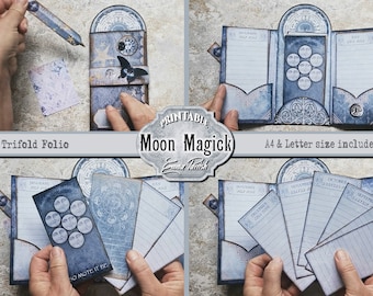 Vintage Moon Printable Folio, Moon Magic Junk Journal kit add on, Witches Pagan, Witchcraft Workbook,  Paper Printable, Moon Trifold Folio