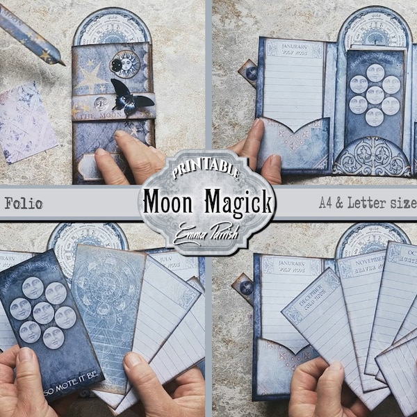 Vintage Moon Printable Folio, Moon Magic Junk Journal kit add on, Witches Pagan, Witchcraft Workbook,  Paper Printable, Moon Trifold Folio