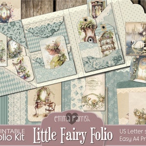 Junk Journal Printable Fairy Folio, Fairies, Green, Blue, Vintage Ephemera, Loaded Folder, Trifold, Folding Printable Gift, Download