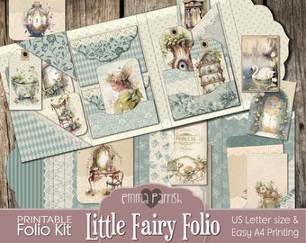 Junk Journal Printable Fairy Folio, Fairies, Green, Blue, Vintage Ephemera, Loaded Folder, Trifold, Folding Printable Gift, Download