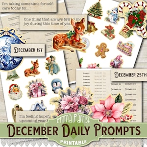 Christmas Junk Journal Prompts Kit, Printable December Dates, Holiday Scrapbook, Bullet Journal, Festive Fussy Cuts, Cricut, Mindfulness