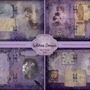 Puede incluir: Una hoja de collage digital con un fondo morado y varias imágenes, incluyendo una bruja, un gato, un libro y una luna. El texto "Witches Dream" está en el centro de la hoja. La hoja está diseñada para su uso en diarios de chatarra y efímeras.