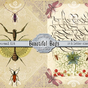 May include: A digital printable junk journal kit featuring vintage illustrations of insects, including a praying mantis, a butterfly, and a beetle. The kit includes A4 and letter size paper. The text "Beautiful Bugs" is printed on a blue and white label.