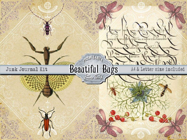 May include: A digital printable junk journal kit featuring vintage illustrations of insects, including a praying mantis, a butterfly, and a beetle. The kit includes A4 and letter size paper. The text "Beautiful Bugs" is printed on a blue and white label.