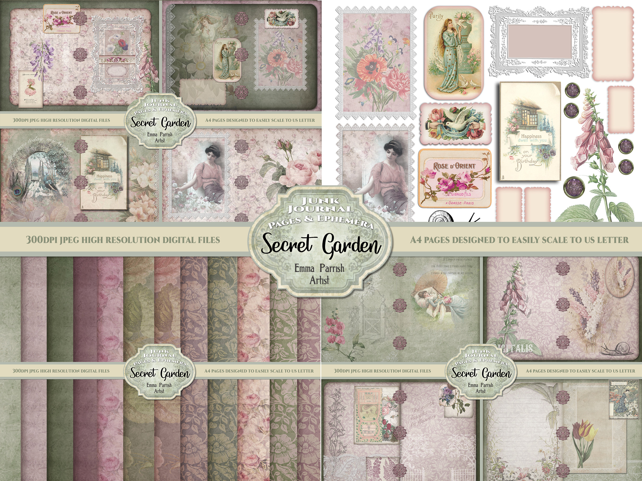 Junk Journal Digital Kit, Secret Garden, Vintage Ephemera, Romantic C…