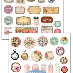 May include: A digital collage sheet with vintage-style labels, clocks, and other decorative elements. The labels feature text such as "Fine Ground Pepper", "Pommade Superfin", "Rider", and "Ergota". The clocks are round and have Roman numeral faces. The sheet is perfect for scrapbooking, card making, and other craft projects.