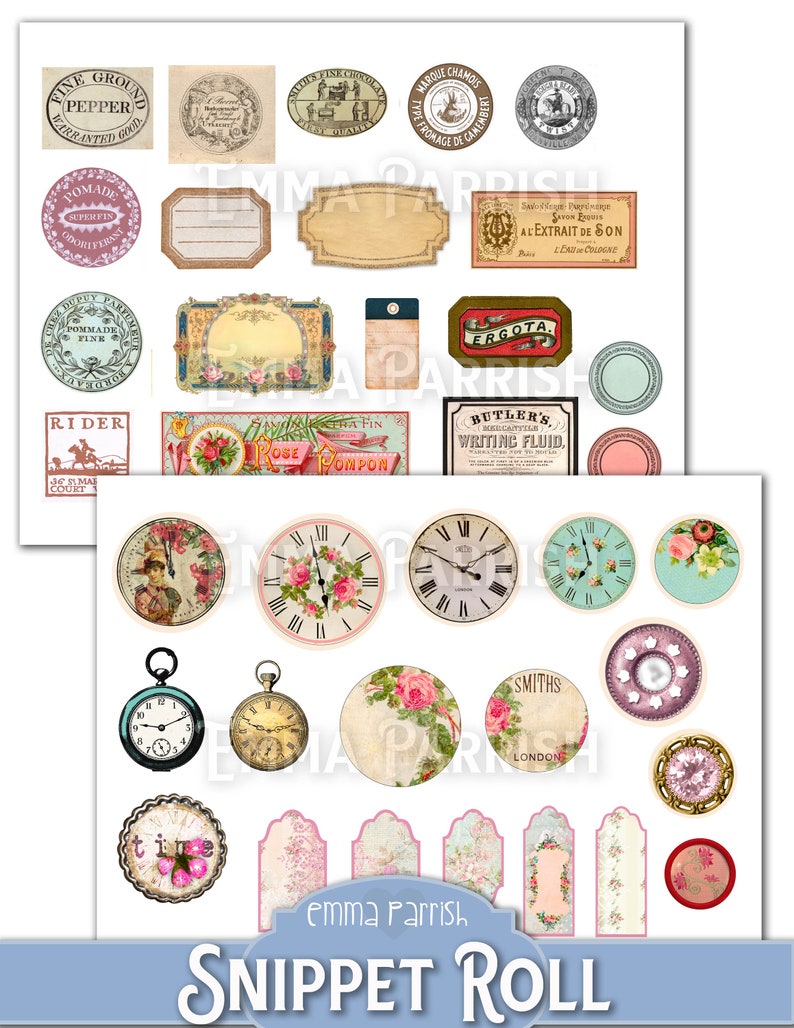May include: A digital collage sheet with vintage-style labels, clocks, and other decorative elements. The labels feature text such as "Fine Ground Pepper", "Pommade Superfin", "Rider", and "Ergota". The clocks are round and have Roman numeral faces. The sheet is perfect for scrapbooking, card making, and other craft projects.