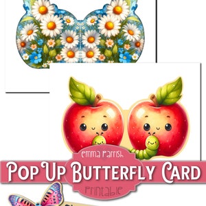 May include: Printable pop-up card featuring a butterfly with red, blue and purple wings. The card also features two red apples with green leaves and a green worm on each apple. The text "POP UP BUTTERFLY CARD" is in pink and the text "Printable" is in brown. The text "THANK YOU" is in yellow.