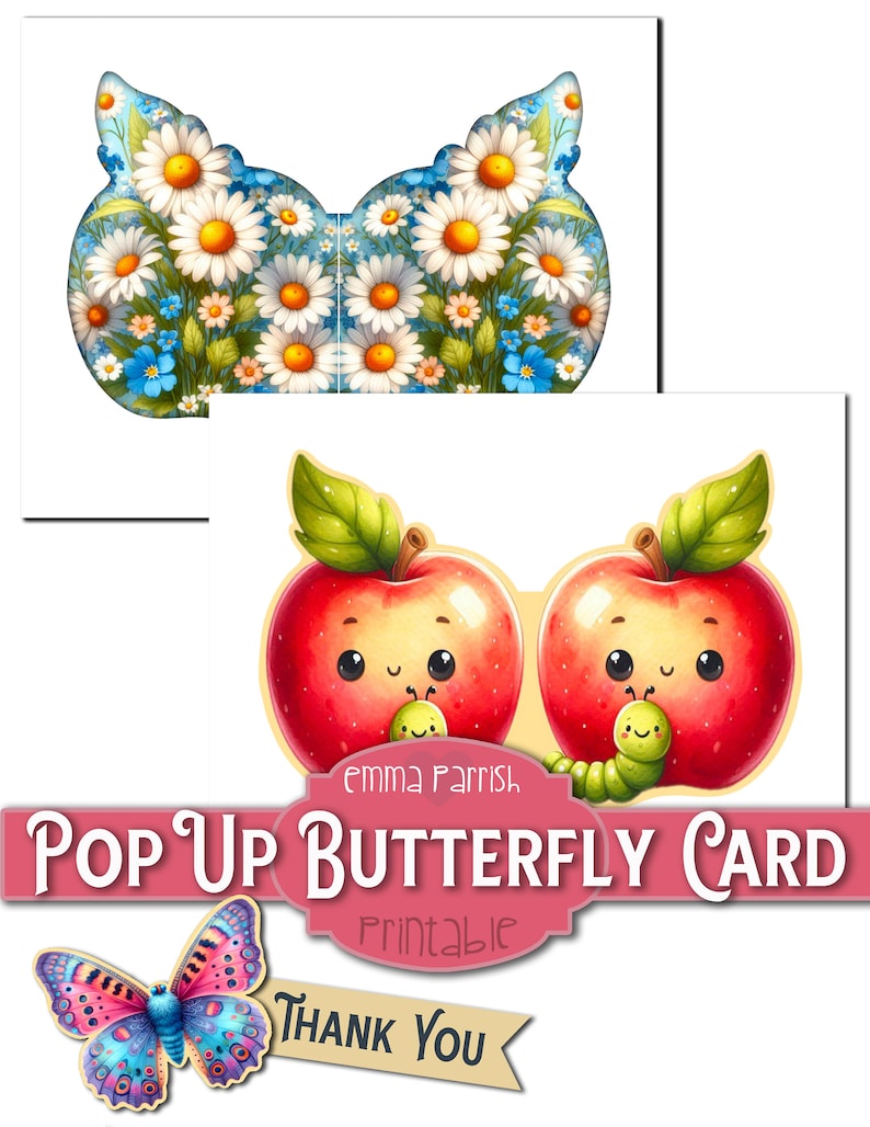 May include: Printable pop-up card featuring a butterfly with red, blue and purple wings. The card also features two red apples with green leaves and a green worm on each apple. The text "POP UP BUTTERFLY CARD" is in pink and the text "Printable" is in brown. The text "THANK YOU" is in yellow.