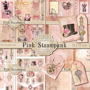 Pink Steampunk Printable Junk Journal Kit, Pink Journal Printable Download, Romantic Digital Paper, Printable Pages, Scrapbook Collage