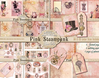 Pink Steampunk Printable Junk Journal Kit, Pink Journal Printable Download, Romantic Digital Paper, Printable Pages, Scrapbook Collage