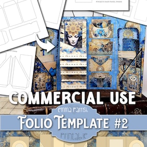 Op de afbeelding: Printbare folio-sjabloon met een blauw en gouden ontwerp. De sjabloon bevat zakken, kleppen en andere elementen om een unieke en gepersonaliseerde folio te maken. De tekst "COMMERCIAL USE emma Parrish FOLIO TEMPLATE #2 Printable" is zichtbaar op de afbeelding.
