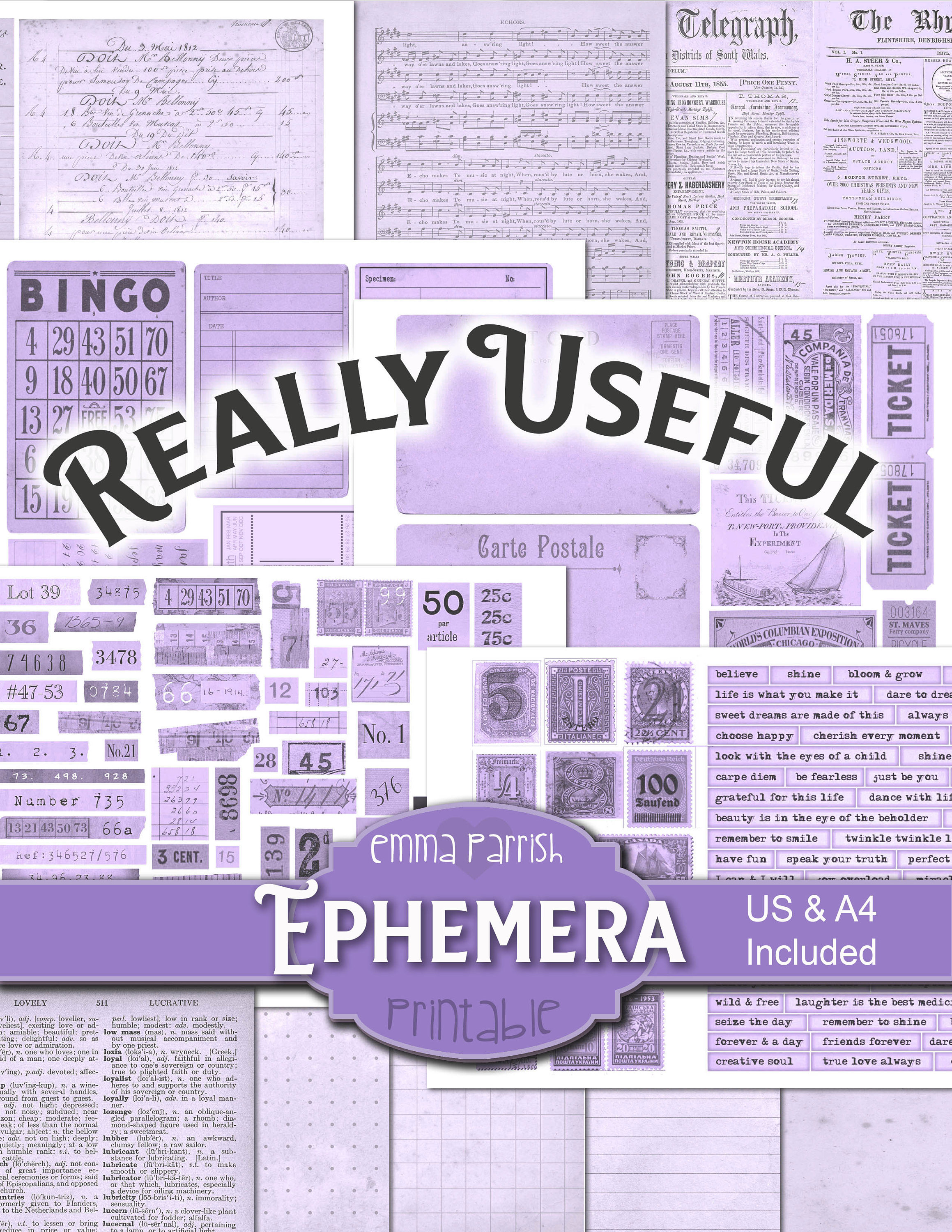 Purple Vintage Printable Ephemera Pack, Lilac, Lavender Junk Journal ...