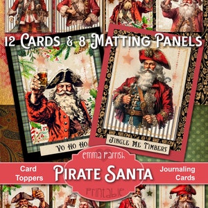Piraat kerstman kerstkaart topper, afdrukbaar, herenkaart, ongewenste tijdschrift ephemera, Yule Journal Tags, tijdschrift benodigdheden, kerstkaart