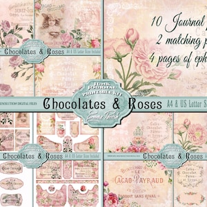 Roses Printable Junk Journal Kit, Chocolate, Pink Journal, Romantic Digital Paper, Printable Paper, Digital Printables, Scrapbook Collage