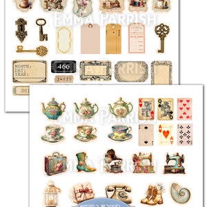 May include: A digital paper pack with vintage-style images, including teacups, sewing machines, keys, and playing cards. The pack also includes frames, tags, and other decorative elements.