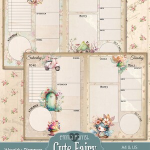 May include: Printable weekly planner featuring a cute fairy illustration with a floral crown and wings. The planner includes sections for goals, notes, meals, and self-care. The planner is available in A4 and US sizes.