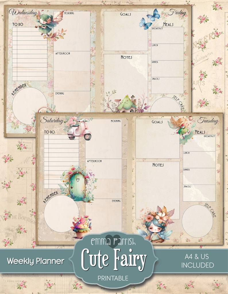 May include: Printable weekly planner featuring a cute fairy illustration with a floral crown and wings. The planner includes sections for goals, notes, meals, and self-care. The planner is available in A4 and US sizes.