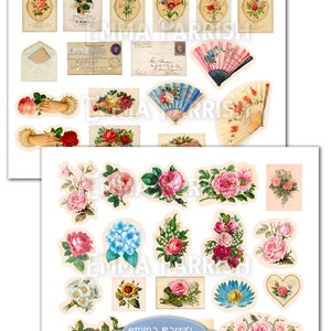 May include: A digital collage sheet featuring vintage illustrations of flowers, fans, and envelopes. The sheet includes a variety of floral designs, including roses, lilies, and daisies. The colors are predominantly pink, red, and white.