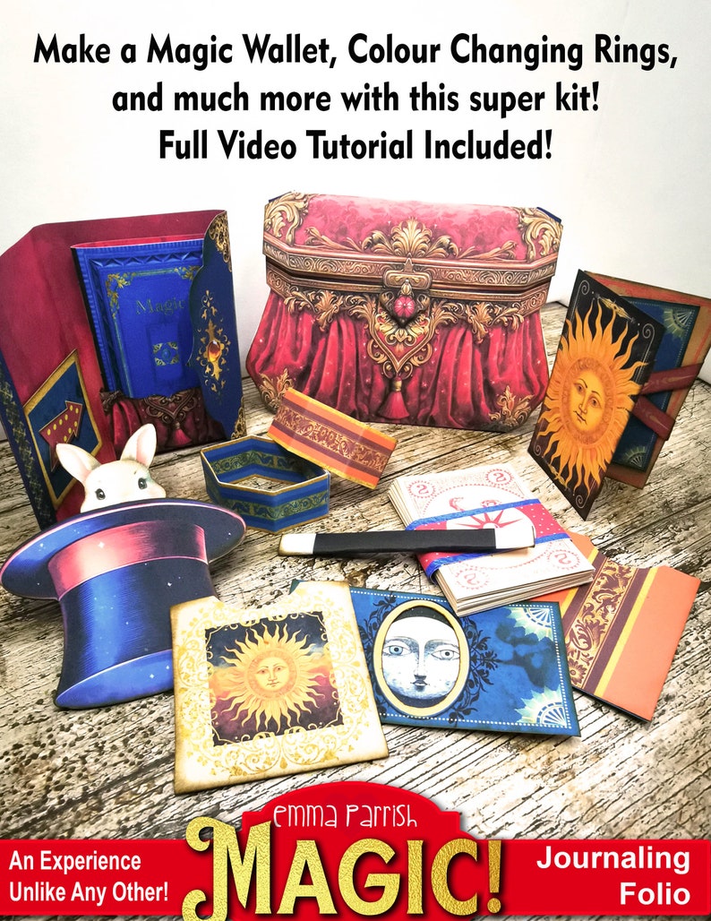 K&ouml;nnte beinhalten: Ein Bastelset zum Herstellen von Zaubertricks, darunter ein magisches Portemonnaie, farbig wechselnde Ringe und ein Journal-Folio. Das Set enth&auml;lt ein vollst&auml;ndiges Video-Tutorial. Das Bild zeigt eine Vielzahl von Gegenst&auml;nden, darunter eine verzierte rote und goldene Schachtel, ein blaues und goldenes Buch, einen Zylinderhut und eine Vielzahl von Karten mit Sonnen- und Mondmotiven.