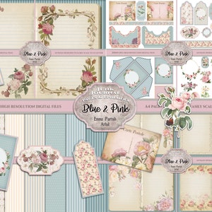 Junk Journal Digital Kit, Blue & Pink, Roses Vintage Ephemera, Printable Collage Sheets, Journal Notebook Pages, Instant Download, Floral