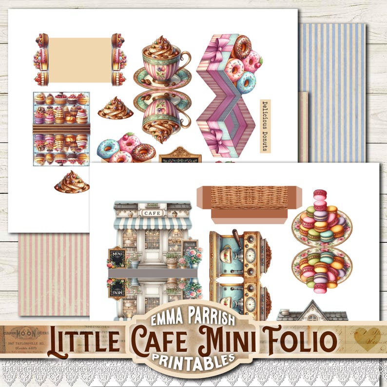 May include: A collection of printable paper crafts featuring a cafe theme. Includes illustrations of donuts, cupcakes, coffee cups, a cafe storefront, and the text "Little Cafe Mini Folio Printables" in a vintage style.
