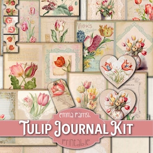 Tulips Printable Junk Journal Kit, Spring Flowers, Floral, Shabby Vintage Botanical, Ephemera, Tags,  Download, Scrapbook, Collage Download