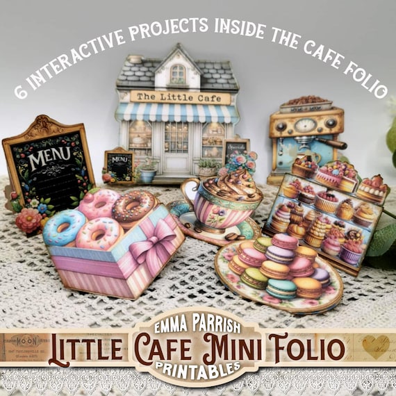 Little Cafe Mini Interactive Folio, Printable Papercraft, 6 Interactive Projects, Cake, Coffee, Junk Journal Kit, Cardmaking, Cricut