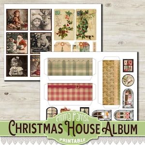 May include: Printable Christmas house album with a red and white checkered roof, green and white plaid walls, and various images of Christmas scenes, including a Santa Claus, a child with a Christmas tree, and a couple with a reindeer.