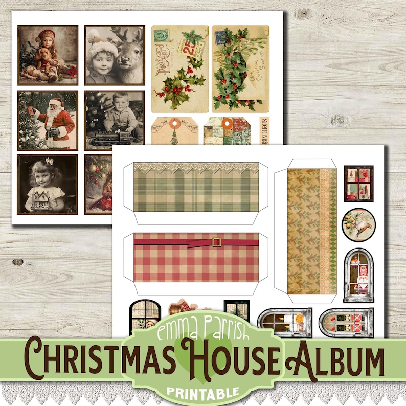 May include: Printable Christmas house album with a red and white checkered roof, green and white plaid walls, and various images of Christmas scenes, including a Santa Claus, a child with a Christmas tree, and a couple with a reindeer.