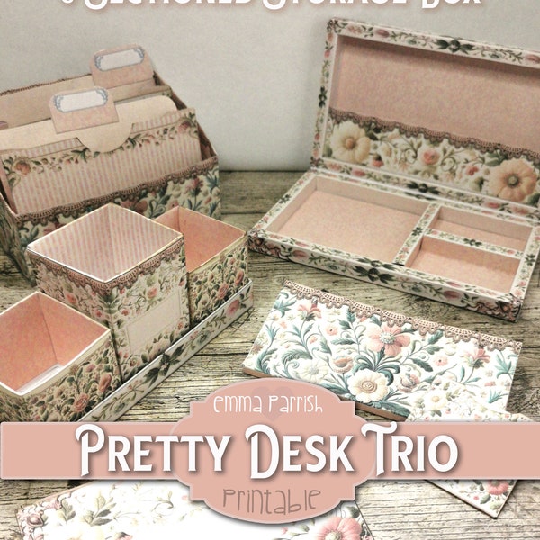 Printable Junk Journal Ephemera Storage, Pretty Desk Tidy Trio, Shabby, Expanding Files, Storage Box, Jewelry Box, Craft Storage, Papercraft