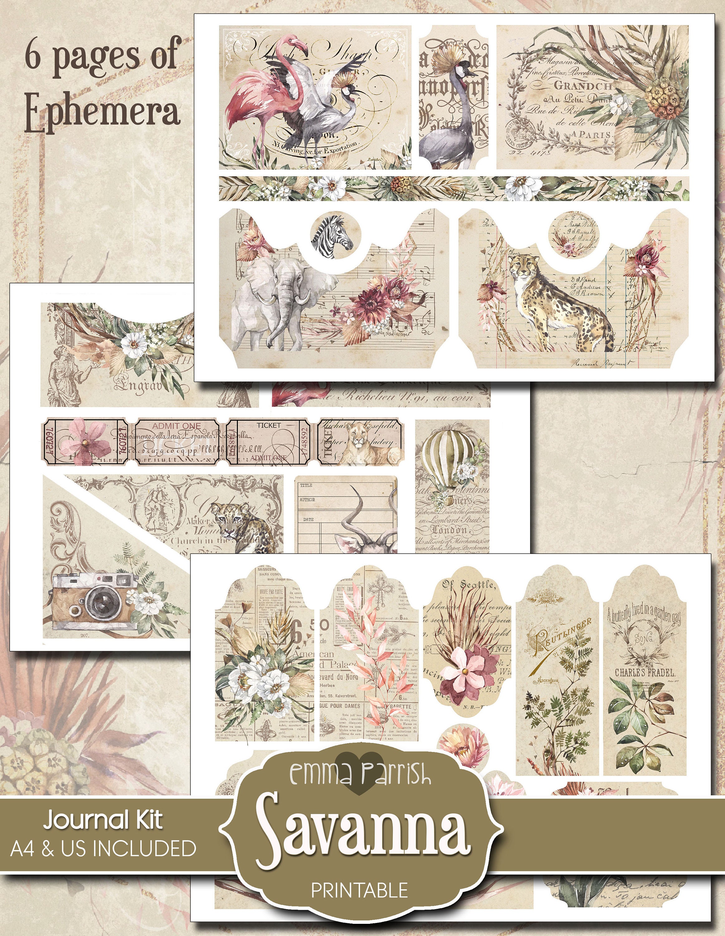 Savanna Printable Junk Journal Kit Wild Animals Ephemera - Etsy