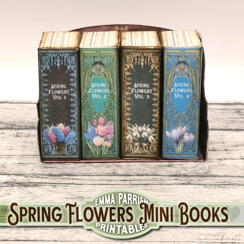 May include: Four miniature books with a spring flower theme. The books are titled "Spring Flowers" with volume numbers 1 through 4. The books are brown, blue, and gold with floral illustrations.