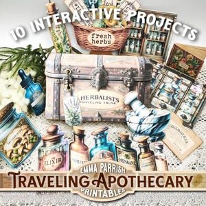Traveling Apothecary Interactive Junk Journal Folio, Printable Kit, Herbal Botanical, Vintage Papercraft Ephemera, Card making, Cricut
