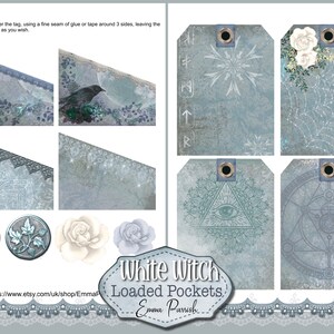 May include: Printable digital download of six blue and white tags with various designs, including a snowflake, a spiderweb, an eye in a triangle, a circle with a triangle inside, a crow, and a clock with a butterfly. The text "White Witch Loaded Pockets, Emma Parrish" is at the bottom of the image.