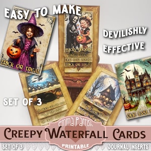 May include: Set of three printable Halloween themed cards with spooky illustrations and text. The cards feature a witch, a skeleton, and a haunted house. The text on the cards reads "Trick or Treat", "Sticky Fingers Tired Feet One Last House Trick or Treat", and "Now is the Time This is the House Ours is the Magic One Last House".