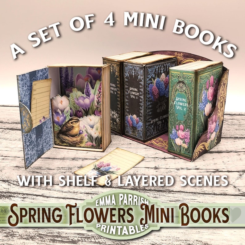 May include: A set of four miniature books with spring flower designs. The books are arranged on a shelf with layered scenes. The text on the books reads "Spring Flowers Vol. 1" and "Spring Flowers Vol. 2".
