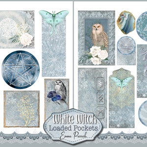 May include: A digital collage sheet with a white witch theme. The sheet features images of owls, moths, pentagrams, moons, and other mystical symbols. The text "White Witch Loaded Pockets Emma Parrish" is included on the sheet.