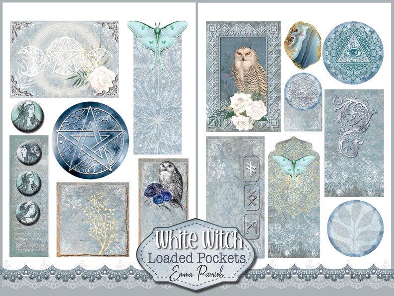 May include: A digital collage sheet with a white witch theme. The sheet features images of owls, moths, pentagrams, moons, and other mystical symbols. The text "White Witch Loaded Pockets Emma Parrish" is included on the sheet.