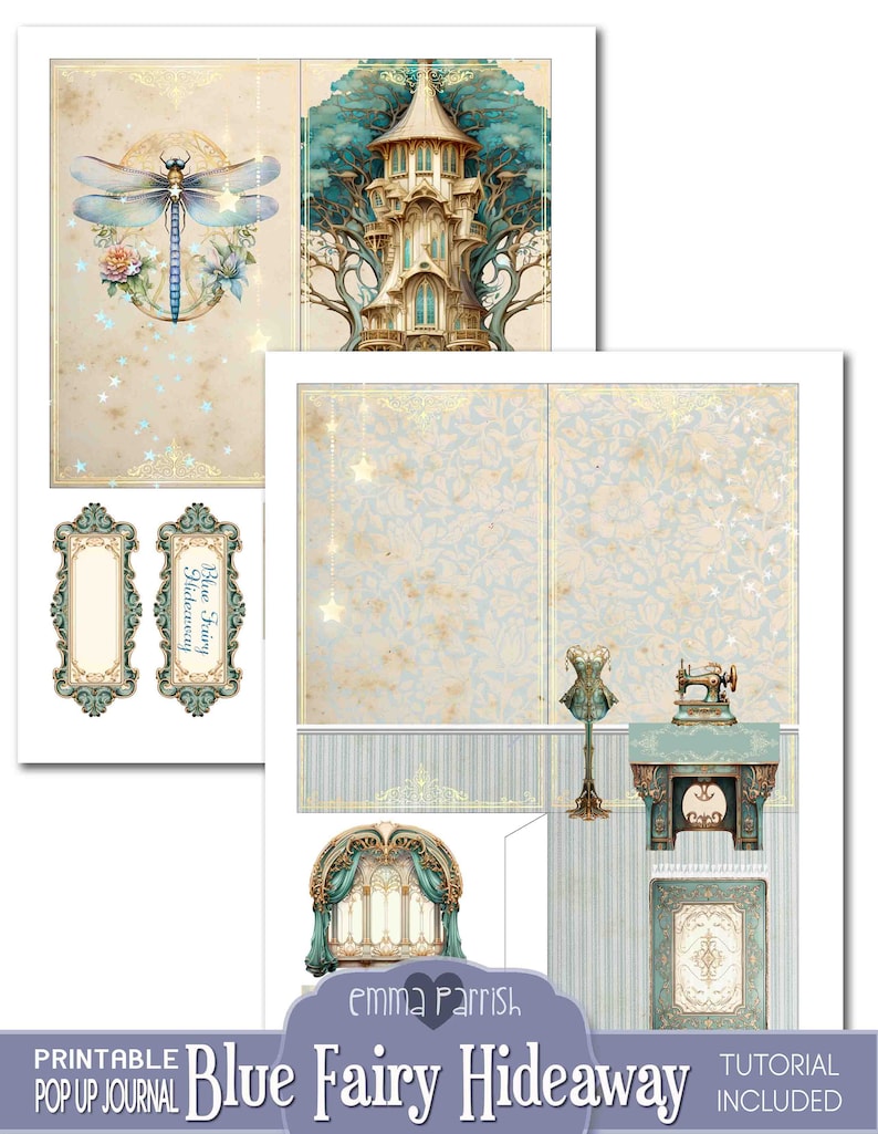 Puede incluir: Kit de diario emergente imprimible con una guarida de hadas azules con una casa en el &aacute;rbol de ensue&ntilde;o, una sala de costura y un carruaje. El kit incluye un tutorial y es perfecto para manualidades y scrapbooking.