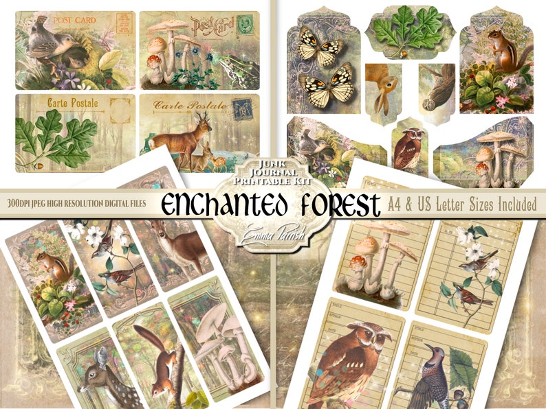 May include: A digital printable kit for scrapbooking or journaling featuring images of a forest, mushrooms, birds, deer, squirrels, owls, butterflies, and vintage postcards. The kit includes A4 and US Letter sizes. The text "Enchanted Forest" is featured in the center of the image.