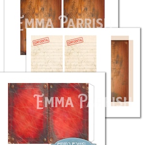 May include: Printable craft kit for making a faux leather-bound book with a red cover and the text "Grandpa's Treasures" and "Emma Parrish". The kit includes two woodgrain panels, two pages with lines and the word "Confidential" stamped on them, and a spine piece.