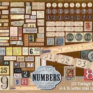 Printable Vintage Numbers Ephemera Pack, Junk journal Printable Number Stickers, Digital ATC embellishment, Scrapbook Collage Download