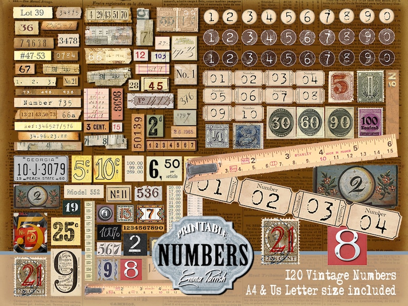 Printable Vintage Numbers Ephemera Pack, Junk journal Printable Number Stickers, Digital ATC embellishment, Scrapbook Collage Download image 1