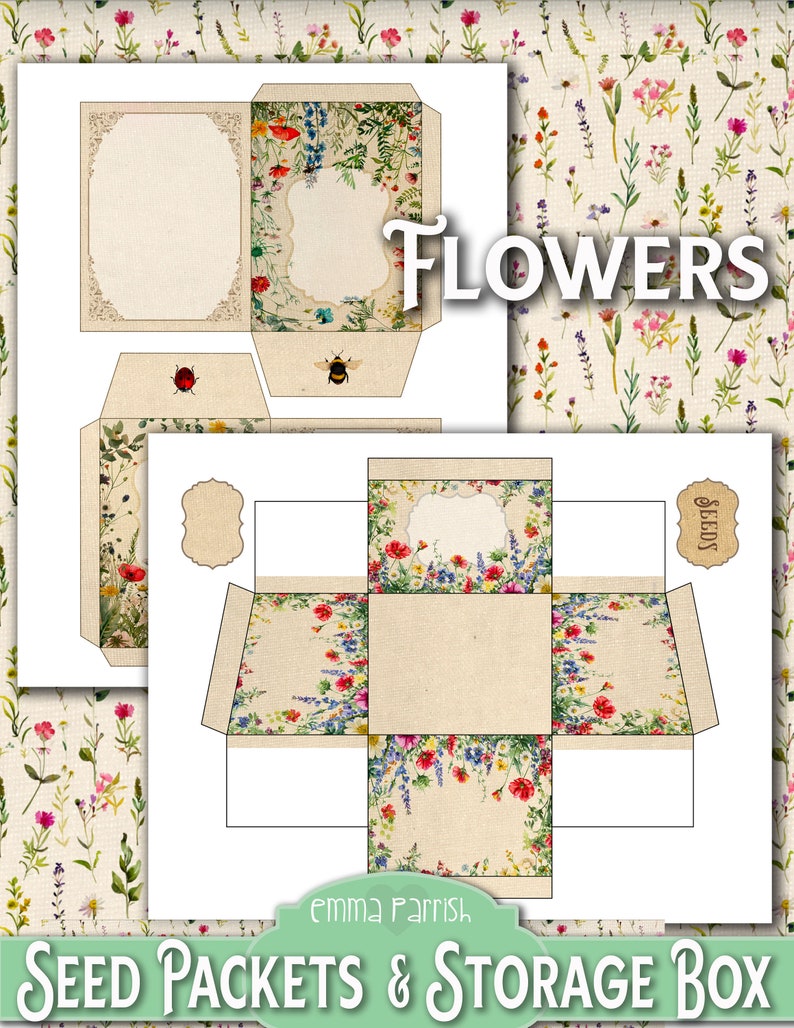 Seed Envelopes & Storage Box Printable, Junk Journal Ephemera Storage, Vegetable Herb Flower Seed Packet Organizer, Gardeners Gift image 2