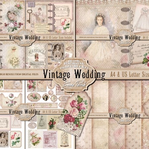 Vintage Wedding Junk Journal Kit, Shabby Chic Printable Journal, Marriage Printable Download Paper Set, Romantic Digital Scrapbook Ephemera